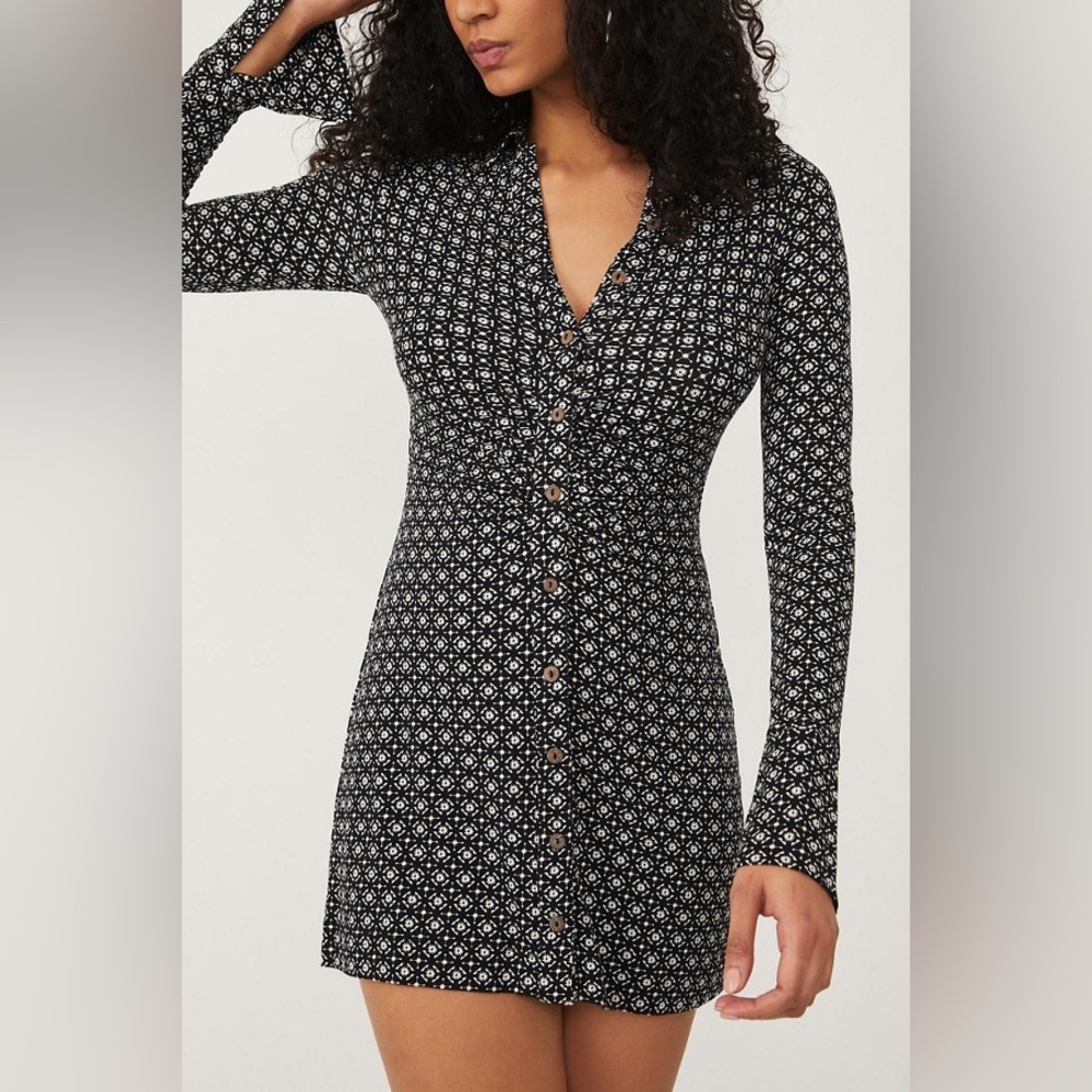 Free People Shayla Black White Retro Ruched Spring Mini Dress M y2k 90s - Picture 2 of 11